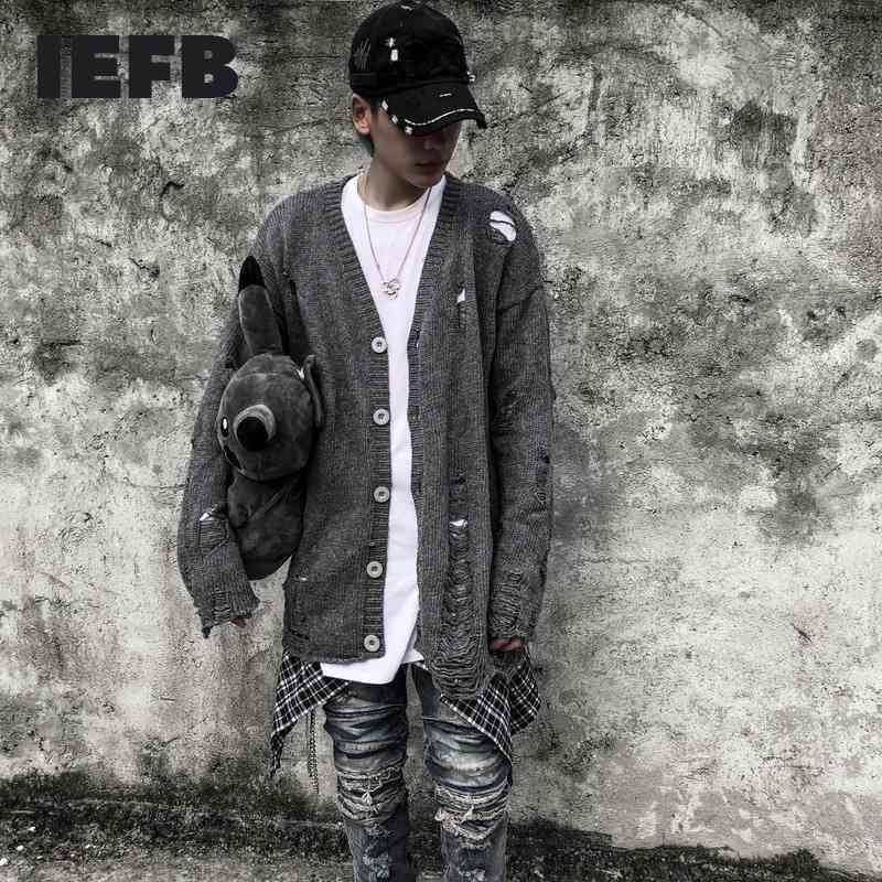 

IEFB High Street Men's Wear Lightweight Hole Kintted Cardigan Big Size Sweater For Couple Spring Tops single breasted 210524, Red