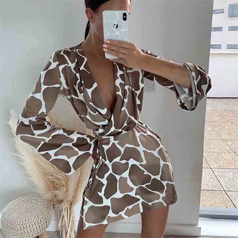 

Paris Girl Autumn Women Fashion Printed High Waist Sexy V-Neck Long Sleeve Lace Up Cardigan Mini Dress 210524, Brown