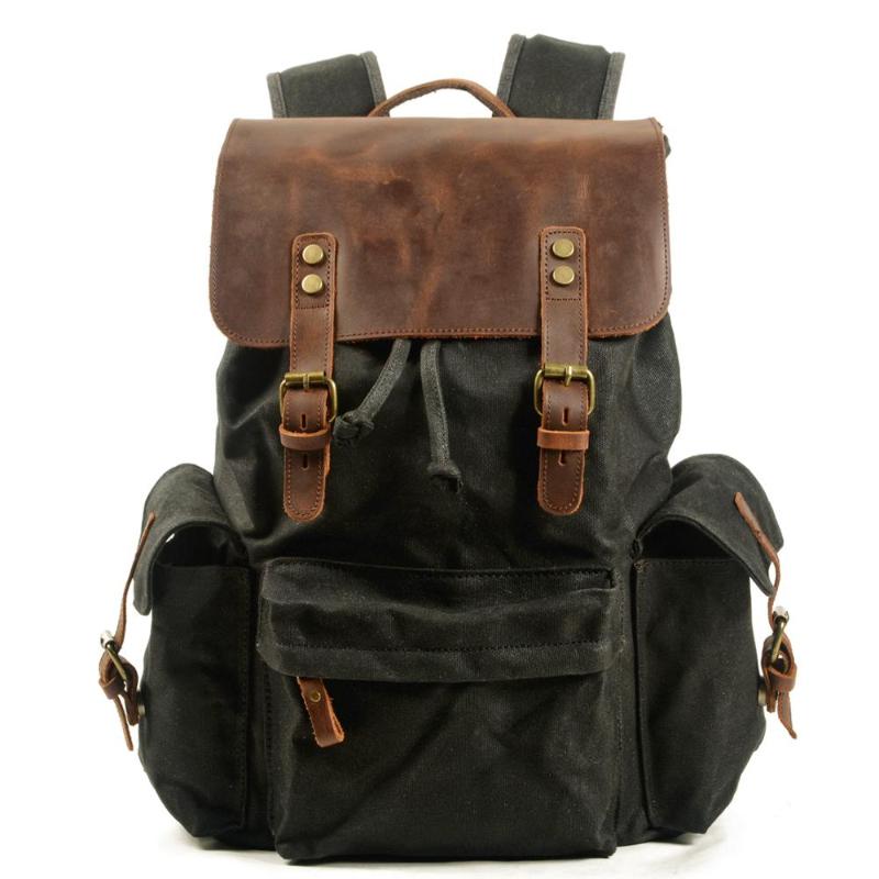 

Backpack Canvas Leather Unisex Backpacks Top Luxury Large Capacity Waterproof Vintage Daypacks Retro School Bag Teenager Mochia, Black