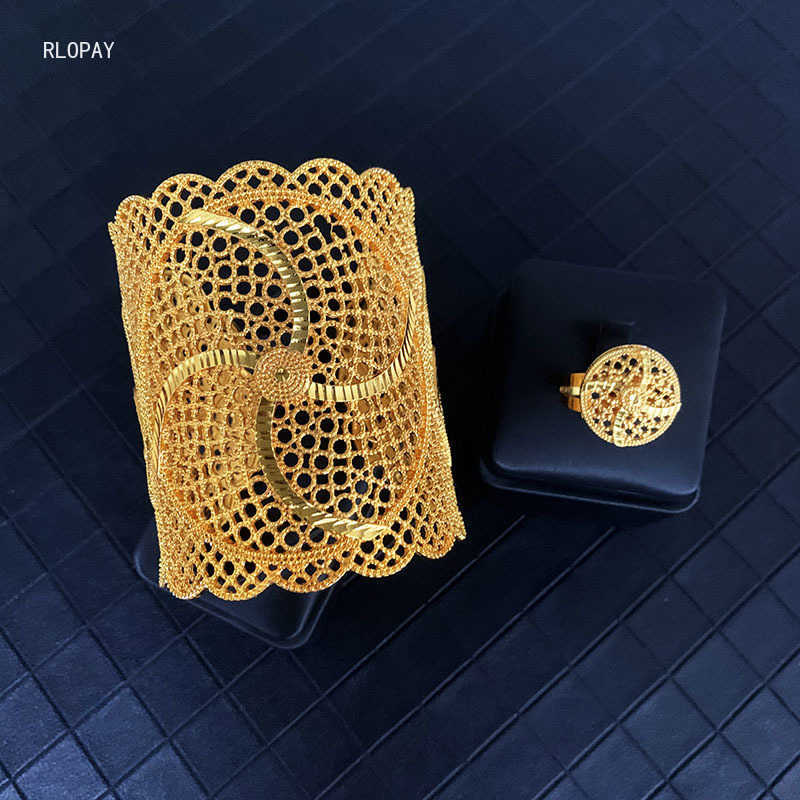 

Wide Bridal Hand Bangle Ring Set Hollow Flower Design Open Cuff Bracelet Arabic Luxury Bridal Jewelry Moroccan Jewelry Q0720