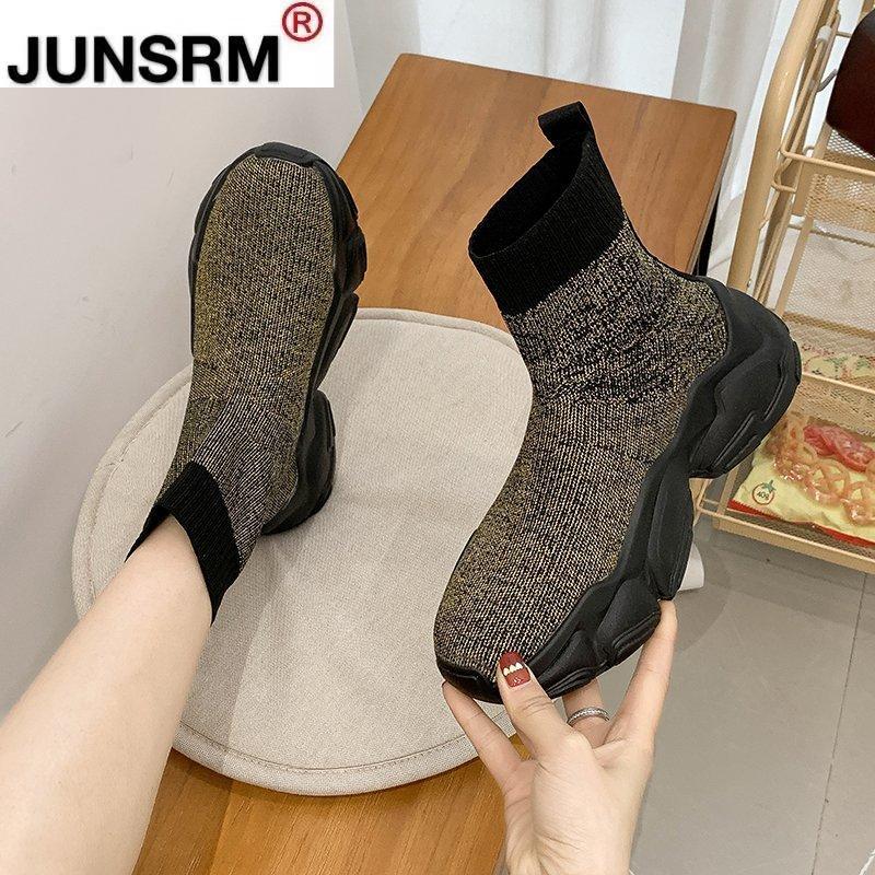 

Women Ankle Boots Winter Chunky Platform Spring/autumn Fashion Round Toe Women's Stretch Fabric Sneakers, Black