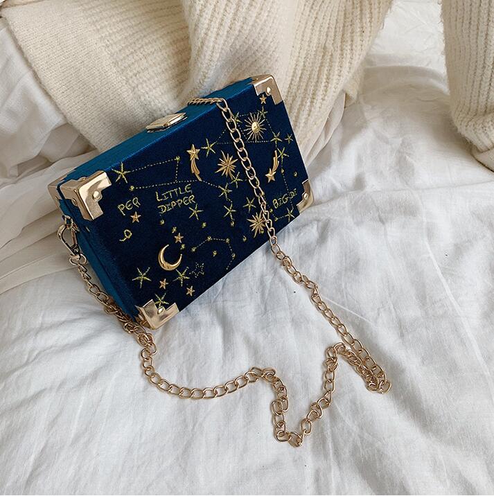 

Factory wholesale women handbag rivet chain bag street trend Corduroy blue womens handbags elegant Joker hard box fashion clutch bags