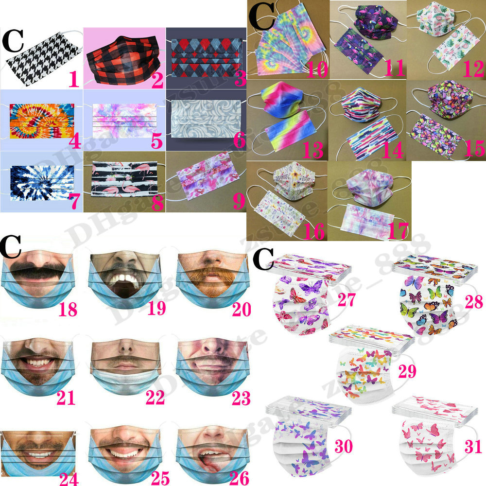 

200 Pattern Adult Mask 10PCS Retail package Fashion Designer Face masks 3 layers Beautiful Black Disposable Non-Woven Anti-Dust mascarilla mascherina