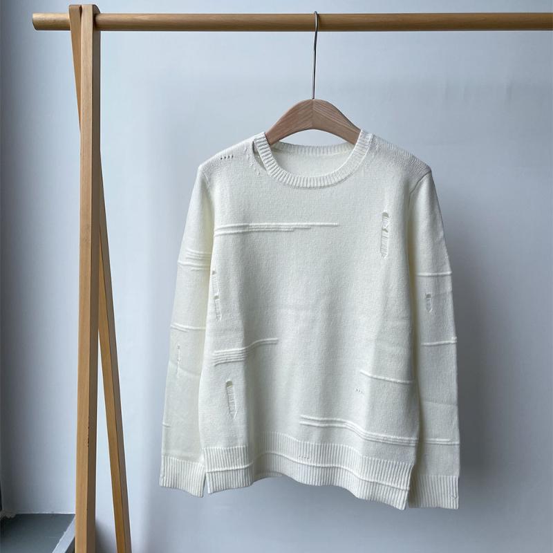 

Women's Sweaters 2021 Retro Worn Out Winter 100% Cashmere Round Neck Loose Sweater, White;black