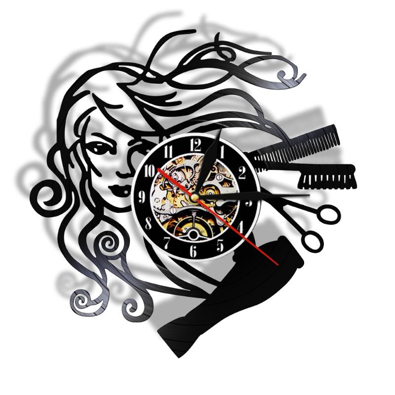 

Wall Clocks Hairstyle Beauty Salon Record Clock Hair Stylist Barber Shop Black Watch Hairdresser Gifts For Woman
