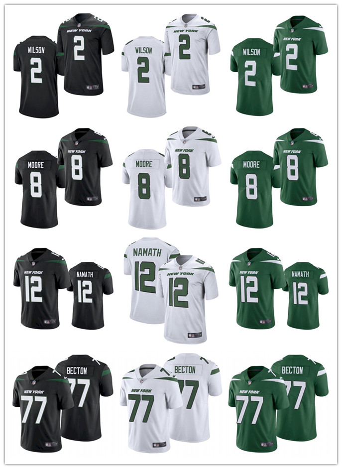 

Men Women Youth NewYorkJets2 Zach Wilson 8 Elijah Moore 77 Mekhi Becton 12 Joe Namath Black Green Football Jersey, Black;red
