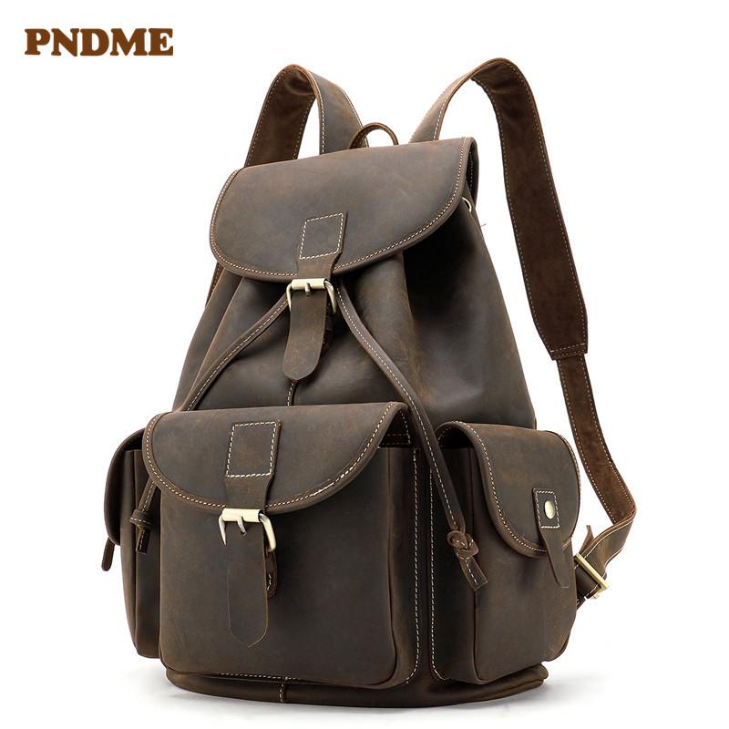 

Backpack PNDME Large Capacity Crazy Horse Leather Men's Women's Retro Simple Travel Laptop Bookbag Genuine Rucksack, Coffee