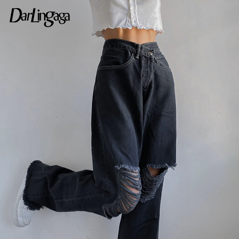 

Darlingaga Streetwear Black Y2K Hole Ripped Woman Jeans Straight Loose Denim Pants Casual Trousers Boyfriend Style Baggy Jeans