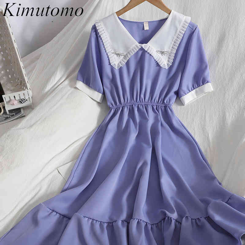 

Kimutomo Contrast Fungus Dresses Female Aging Sweet Girl Clothing Summer Sailor Collar Waist Slimming Korean Ruffled Dress 210521, Blue purple