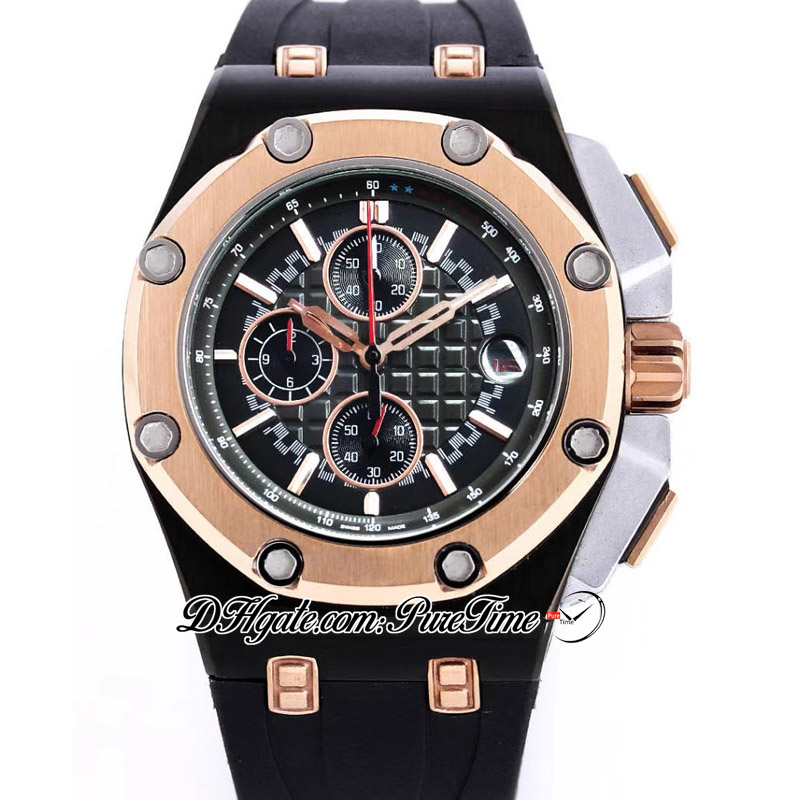 

45mm 26401 Miyota Quartz Chronograph Mens Watch Two Tone Rose Gold PVD Black Texture Dial Stick Markers Rubber Strap Sports Watches Stopwatch 4 Styles Puretime A15b2, A15b (1)