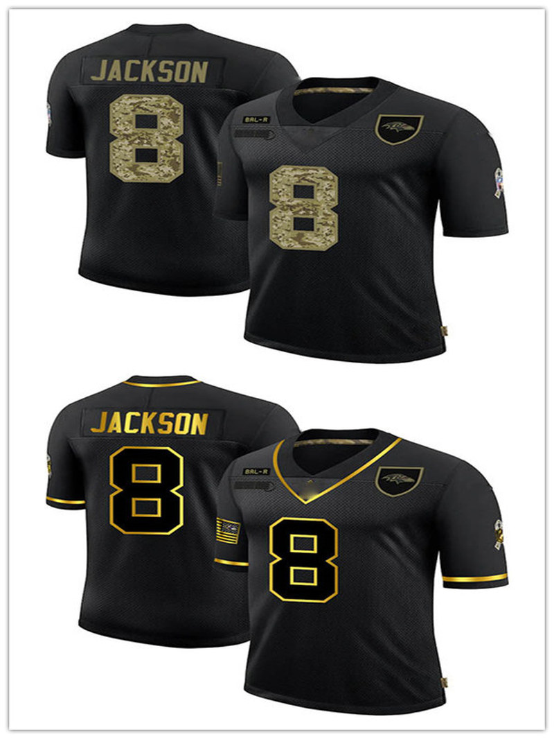 

2021 BaltimoreRavensMEN Lamar Jackson Salute To Service Golden Camo Limited football Jersey, Black;red