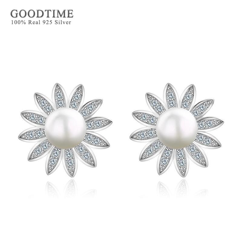 

Stud Fashion Earring For Women Pure 100% 925 Sterling Silver Flower Freshwater Pearl Earrings Jewelry Gift Girl Office Lady, Golden;silver