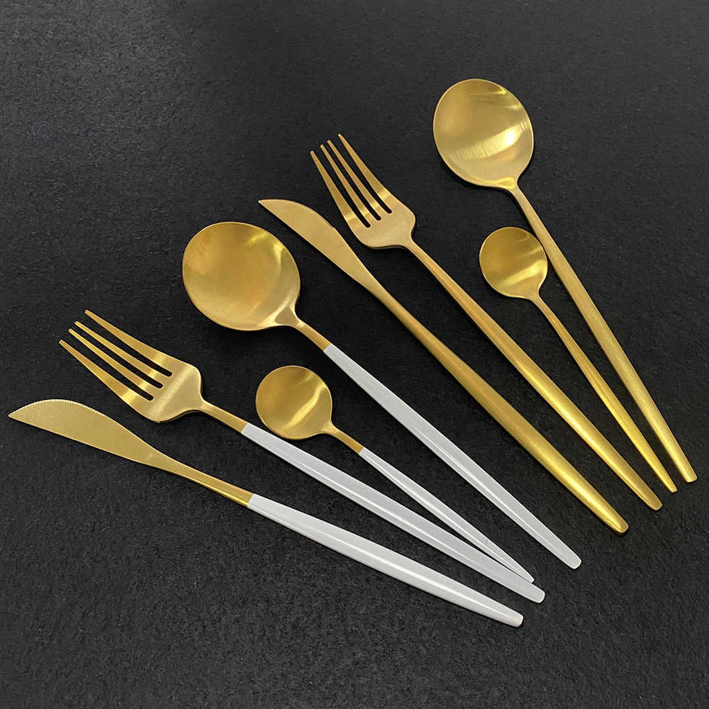 

White Gold Cutlery Set 24Pcs Matte 18/10 Stainless Steel Dinnerware Set Knife Fork Coffee Spoon Tableware Kitchen Silverware Set X0703