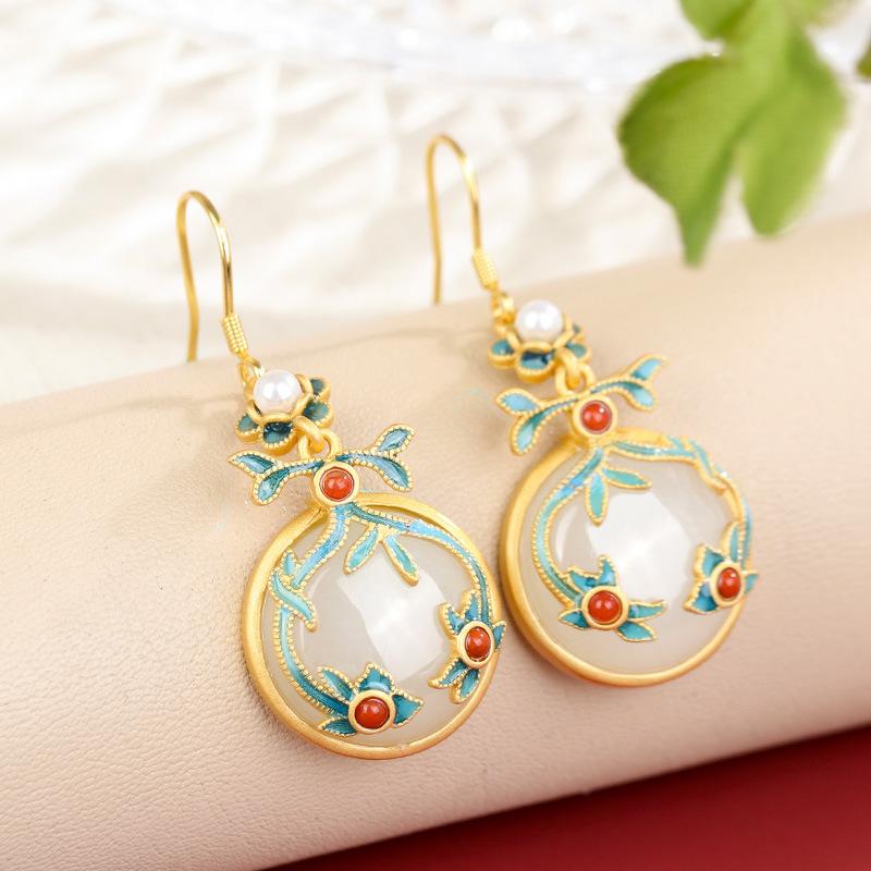 

Dangle & Chandelier UNICE Original Design Enamel Craft Vintage S925 White Hetian Jade 24K Gold Filled For Women Fine Jewelry Drop Hook Earri