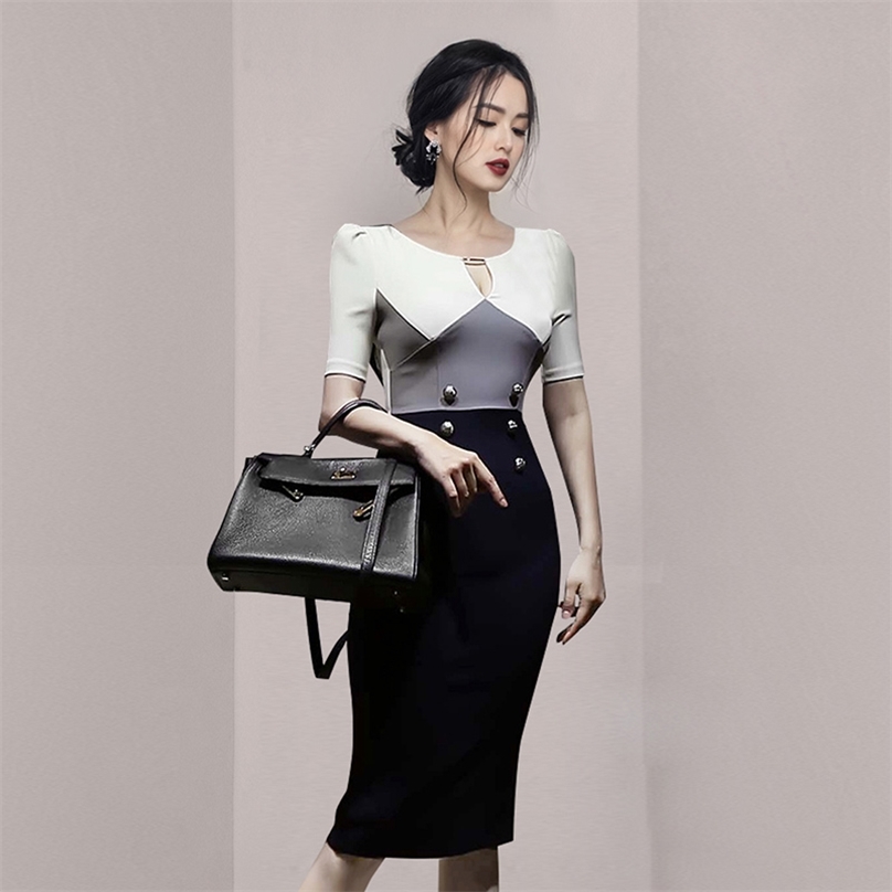 

Sexy off shoulder tight Dress korean ladies short Sleeve formal patchwork Party bodycon Dresses for women 210602, The picture color