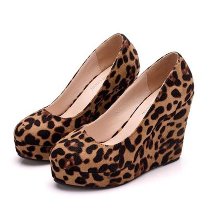 Dress Shoes Large Size Big Leopard Print Heel Round Toe Platform Suede High
