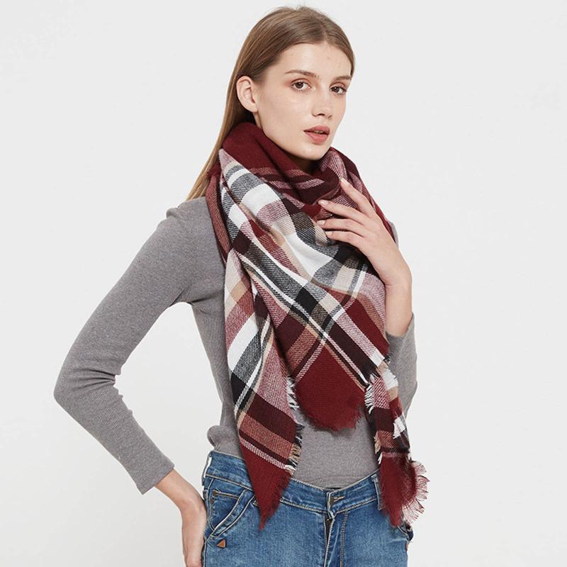 

Scarves 2021 Designer Women Winter Plaid Scarf Square Pashmina Bandana Cashmere Thicken Blanket Knitted Warm Soft Shawls And Wraps, Blue;gray