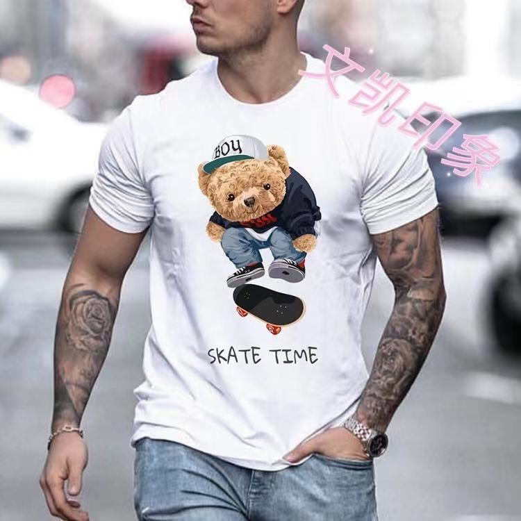 

men's t-shirt summer new trend cartoon bear print men's casual round neck sports white t short sve, White;black