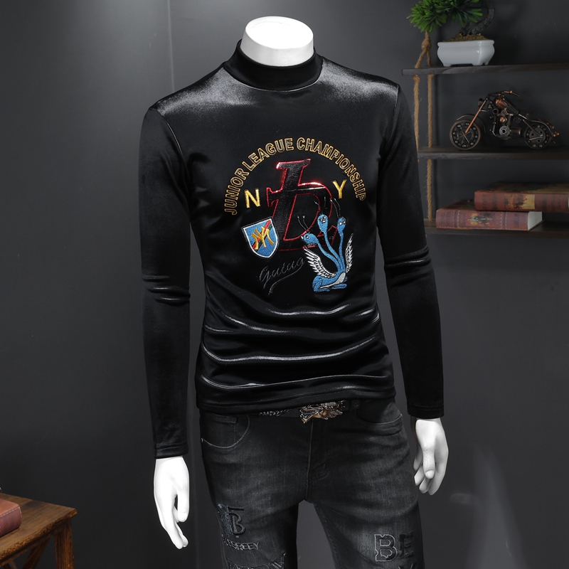 

2022 winter Korean version men's tops gold velvet personalized color letter printing T-shirts Half turtleneck embroidery casual fashion bottoming shirts, Extra amount