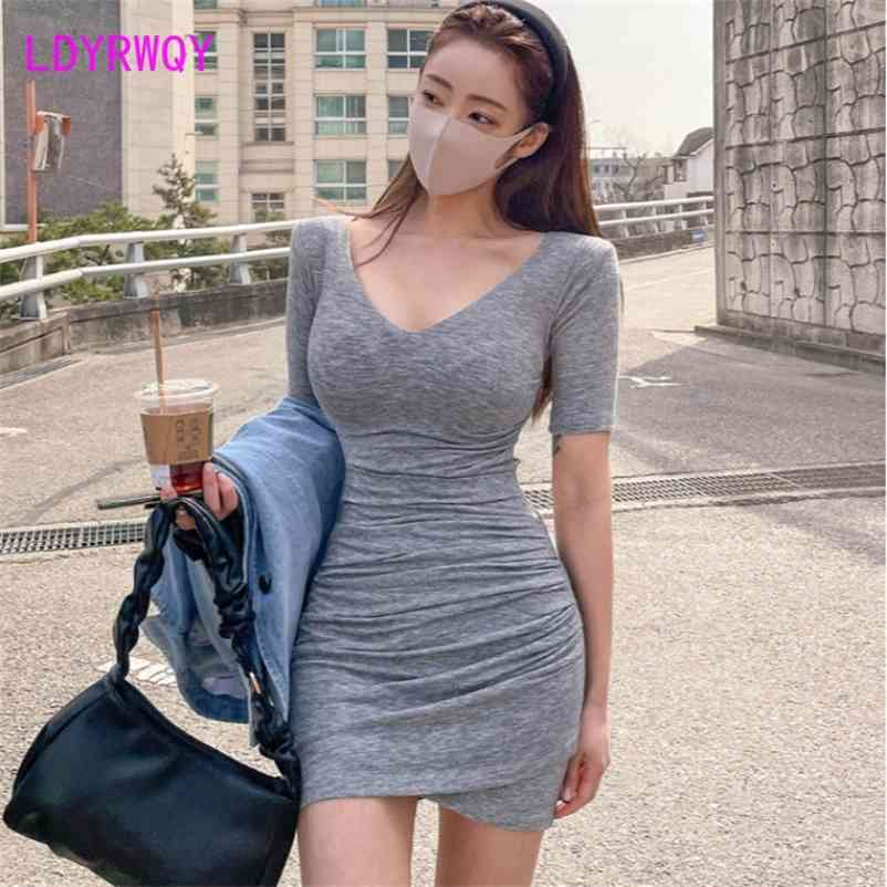 

LDYRWQY drape wraps buttock to show a figure sexy big V gets slim dress Knee-Length Regular 210603, Gray