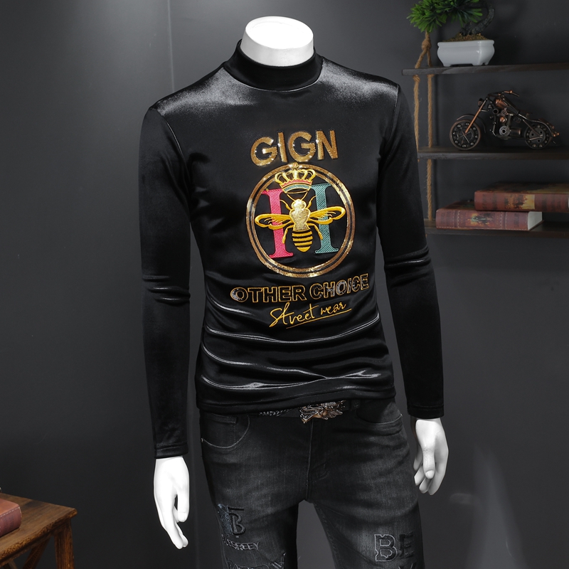 

2022 autumn and winter new men's tops long-sleeved T-shirts embroidered round neck gold velvet high-end light luxury bottoming shirts, Black
