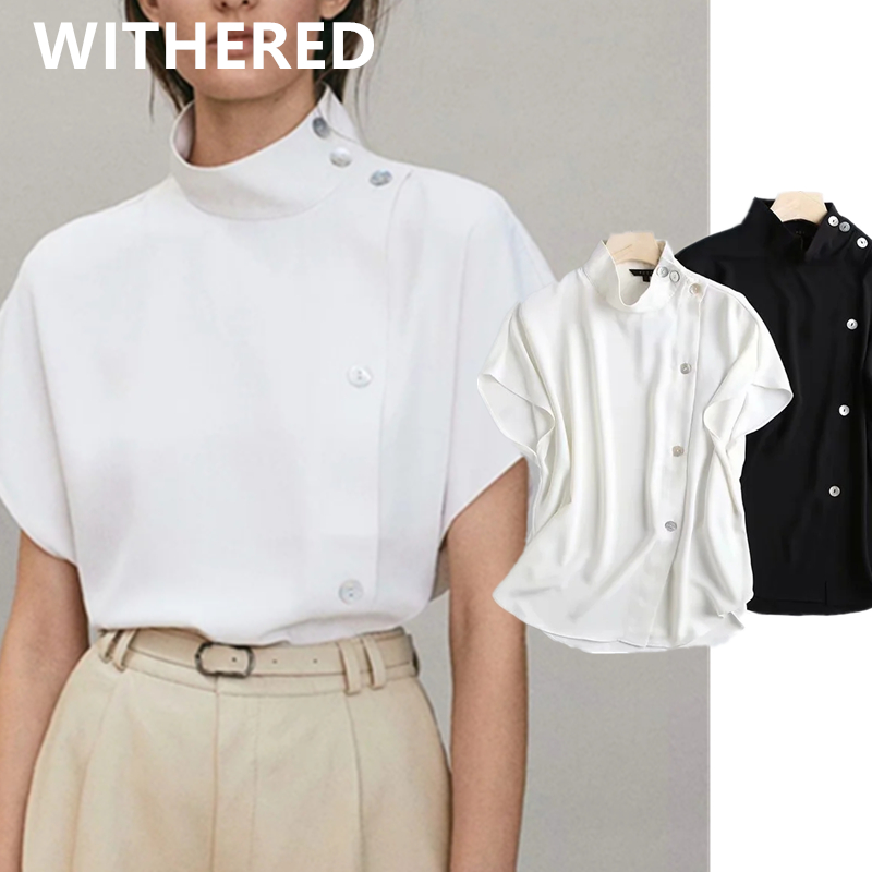

Withered england fashion solid simple causal turtleneck buttons off-shoulder blouse women blusas mujer de moda 2021 shirt tops, Black