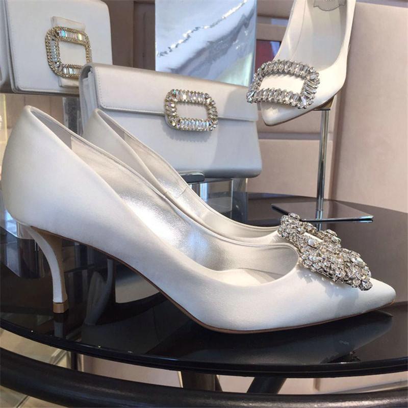 

Dress Shoes Rhinestone Pointed High Heels Stiletto Wedding Bridesmaid Bridal Satin White Luxury Pumps, Black
