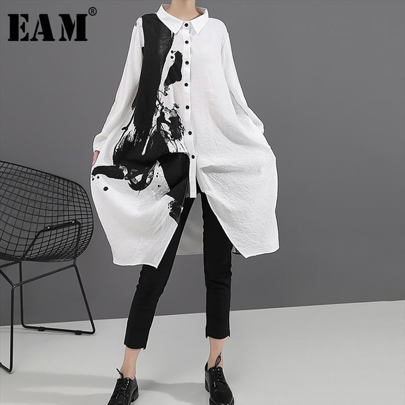 

[eam] black white print big women dress size oversize lapel long sleeve loose fit fashion tide spring autumn 1a923, Black;gray