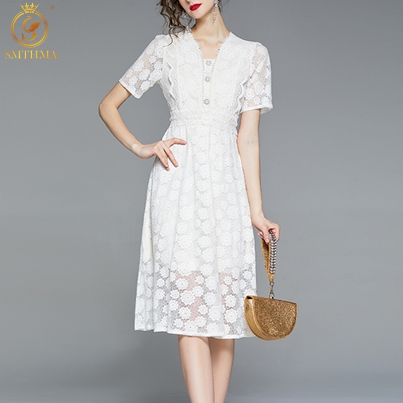 

Fashion Lace Hollow Out Summer Dresses Women's Short-Sleeved High-Waist Temperament White Dress Vestidos 210520, Picture color