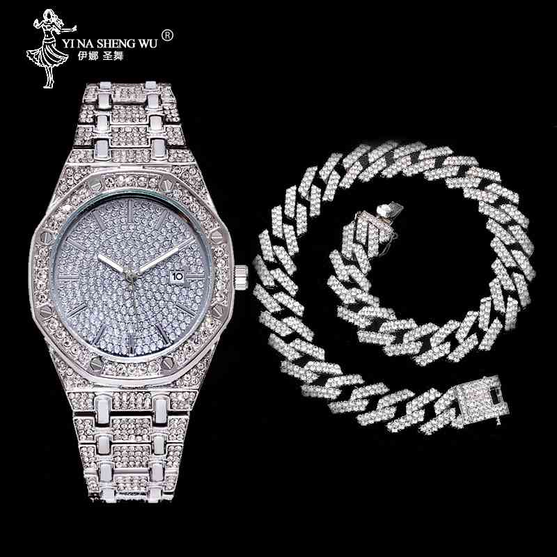 

Hip Hop Men Watch+Necklace Full Set Gold Color Heavy Full Iced Out Paved Rhinestones 19MM Cuban Chain CZ Bling Jewelry For Gift X0509