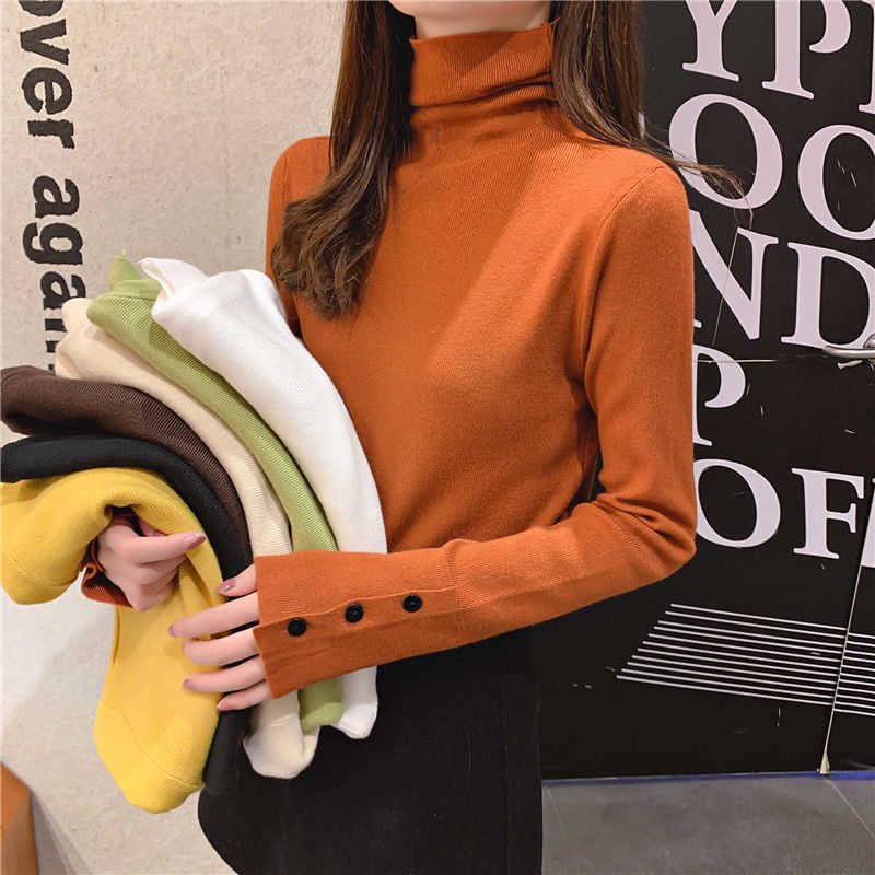 

Women Sweaters Autumn Winter Turtleneck Button Long Sleeve Black White Thin Pullover Jumper Knitted Sweater Female 210526, Yellow