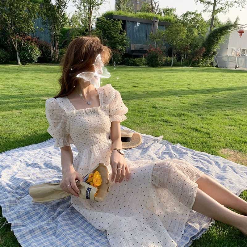 

2021 Summer Floral Design Sweet Dress Short Sleeve Chiffon Elegant Dress Korean Style Square Collar Party Dress for Female Dot Y0603, Yellow and beige