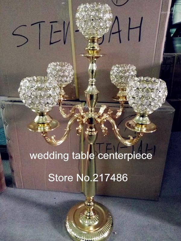 

Party Decoration Selling 5 Arm Gold Acrylic Candelabra Centerpiece Candle Holder With Crystal Ball