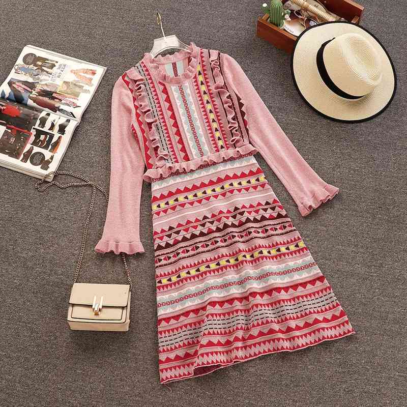 

Autumn Women Ruffles O Neck Coloful Knitted Beautiful A Line Dress Female Party Dresses A493 210428, Pink