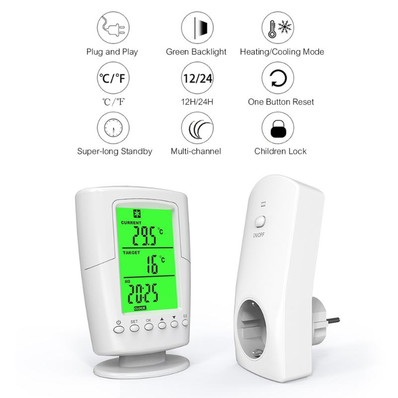 

Smart Home Control Wireless Remote Thermostat+ Plug In Socket Heating Cooling Program Temperature Controller With LCD Backlight