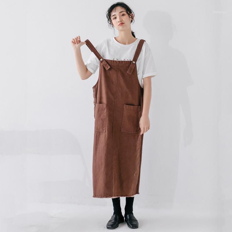 

Skirts 2021 Summer Womens Tassel Loose Denim Jumpsuit Skirt Casual All-match Preppy Style Button Pockets Suspender Korean, Beige