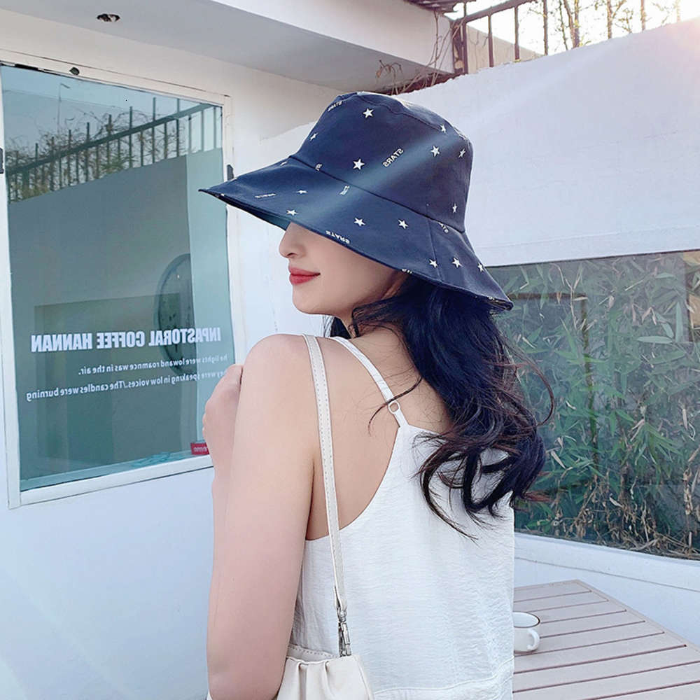 

Sun hat Summer fashion big eaves Fisherman Women's Korean star letter print sunscreen beach basin Hat, Blue;gray