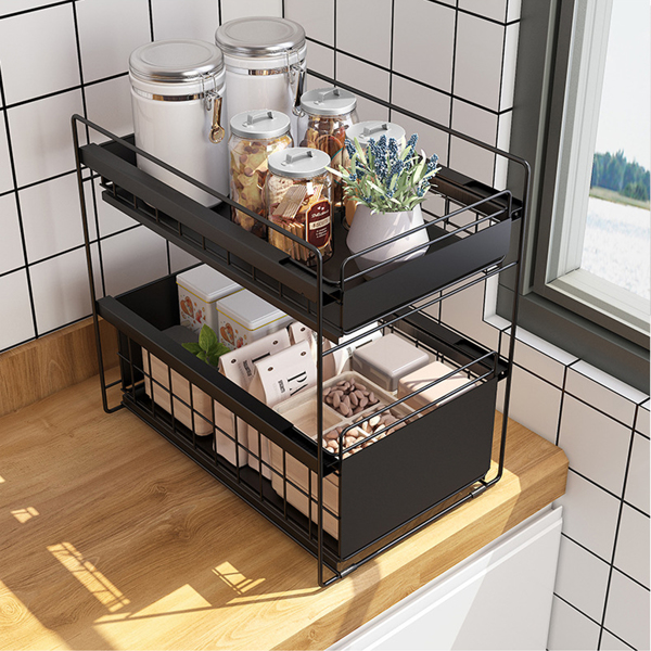 Storage Holders & Racks Stackable Cabinet OrganizerSliding Basket 2-Tier Under Sink Storage Drawer Pull Out Shelf for Kitchen Bathroom Office Bla-image-756467775