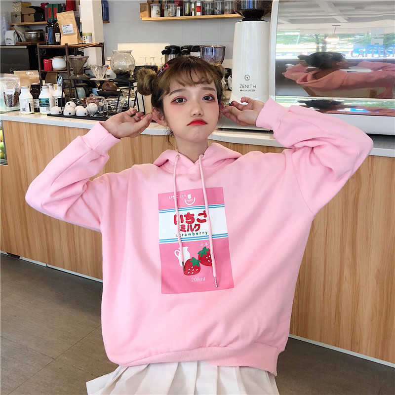 

Harajuku Japanese solid color thin hooded sweatshirt women autumn fashion cartoon cute long sleeve casual female 210608, Pink