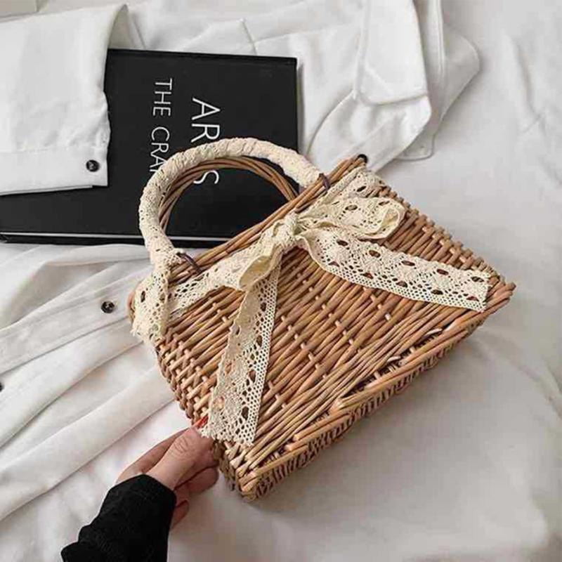 

Waist Bags Woven Bag With Bowknot Eco-friendly Wood No Zipper Handbag For Autumn, Khaki