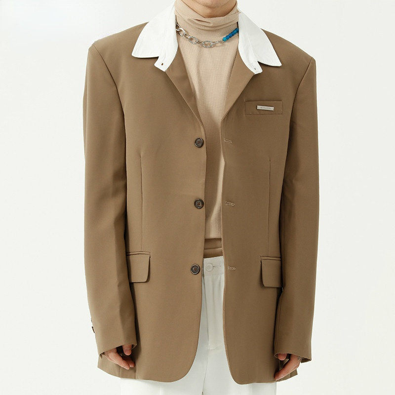 

Autumn New Korean Fake Two Piece Casual Suit Coat 2021 Tide Men's Ruffian Handsome Single Breasted Blazer 9Y9000, White;black