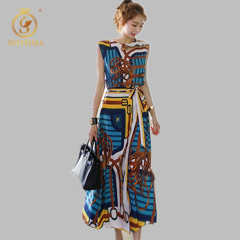 

High Quality Single Breasted Sleeveless Summe Women Printing Tops+ Elastic Waist Two Piece Skirt Suit 210520, Photo color