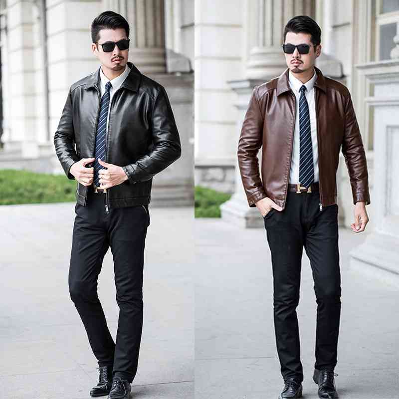 

Spring and autumn new PU men's handsome slim fit Lapel leather jacket, Brown