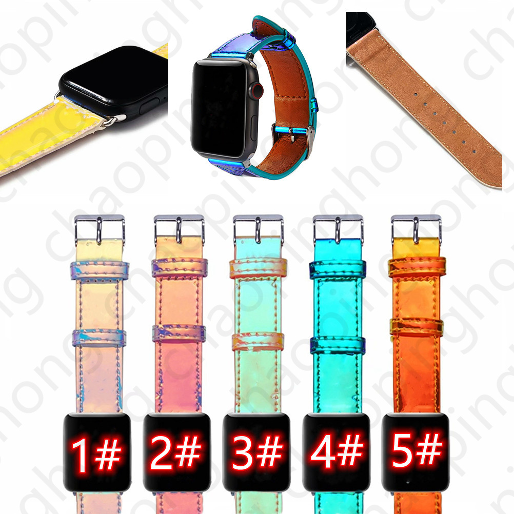 

For Apple Watch Band Laser Bright Color Leather Strap 45mm 38mm 40mm 42mm 44mm 41mm Designer Straps for iwatch 7 SE 6 5 4 3 strap Embossing Gift Holiday