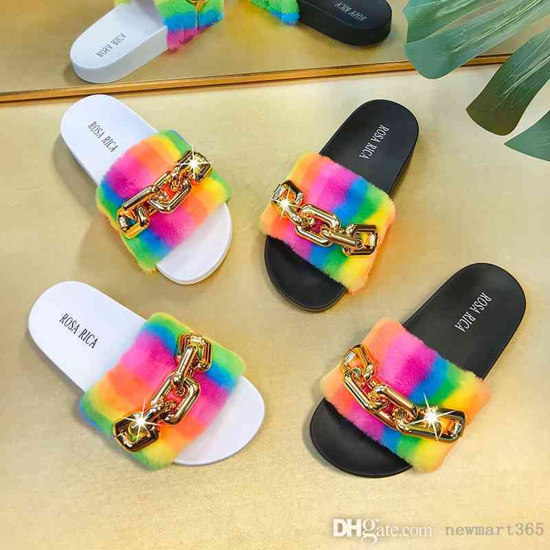 

Summer Women Slippers Leisure Fashion Slides Designer Rainbow Fur Chain Shoes Flat Flip Flop, Black
