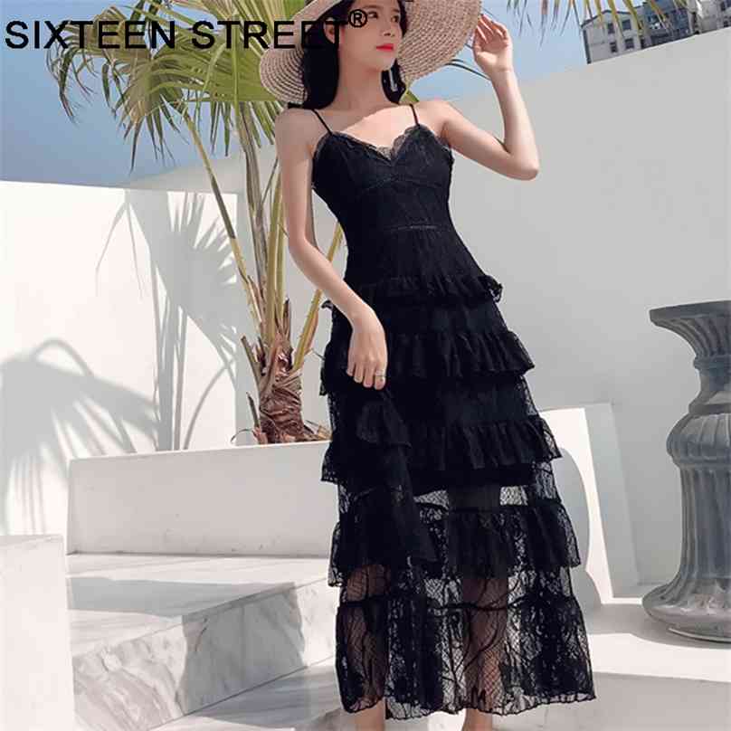 

Summer beach dress female spaghetti strap V Thai lace show thin seaside holiday black maxi dresses fairy cake vestido 210603