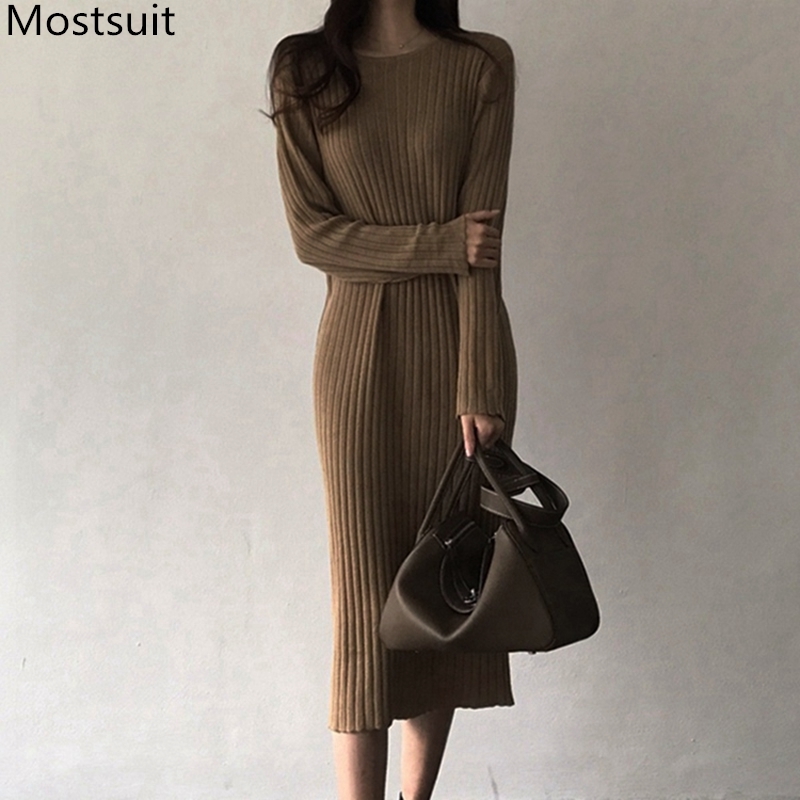 

Solid Casual Knitting Sweater Dress Women Long Sleeve O-neck Korean Fashion Dresses Autumn Winter Basic Loose Vestidos 210518, Khaki