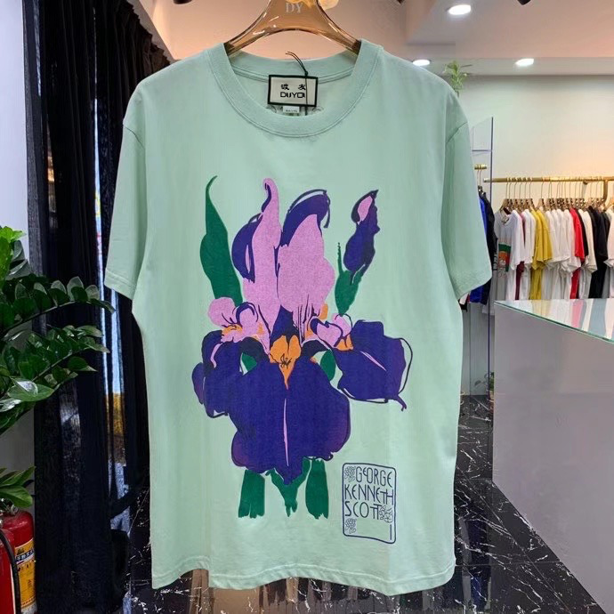 

GEORGE Flower Print Cotton T-shirt Men Short Sleeve T Shirts Slim Fit Hip Hop Streetwear Tees Fashion Women Tops DY85558, Green