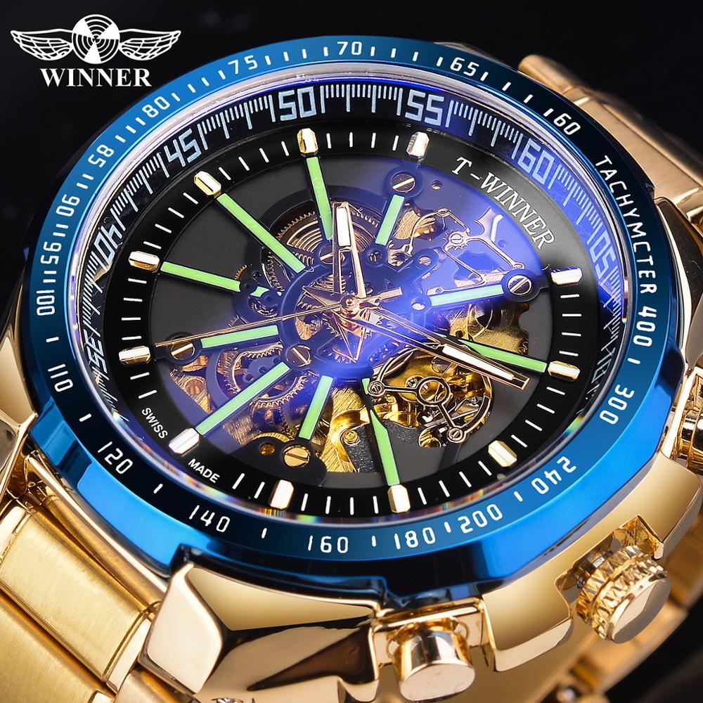 

Winner Blue Light Glass New Fashion Mens Watches Black Golden Stainless Steel Waterproof Sport Automatic Watch Luminous Clock, Slivery;brown