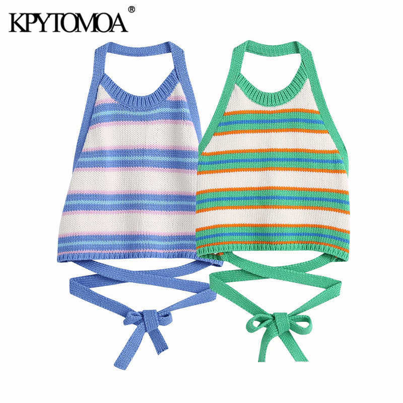 

KPYTOMOA Women Sweet Fashion Striped Crop Knitted Tank Tops Vintage Halter Neck Backless Bow Tied Female Camis Mujer 210616, As picture